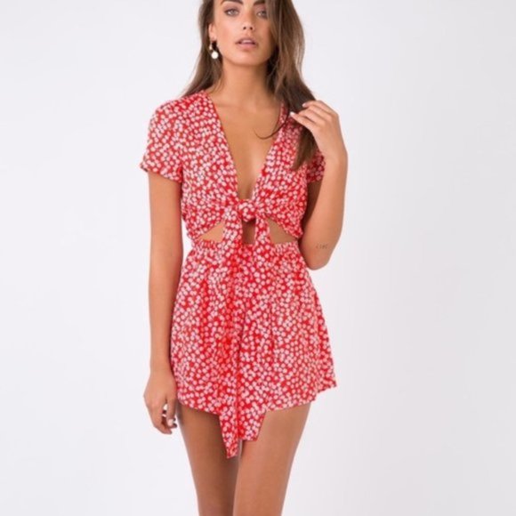 Princess Polly Pants - Princess Polly Virgo Tie Front PlaySuit Romper Red